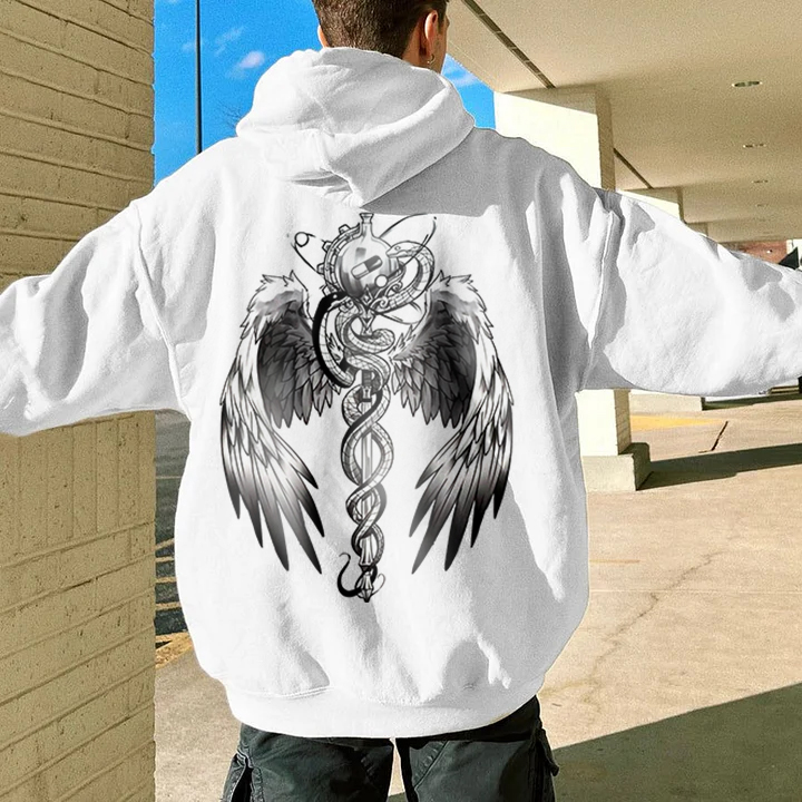 Caduceus Wings Anti-Utopia Cartoon White Print Hoodie