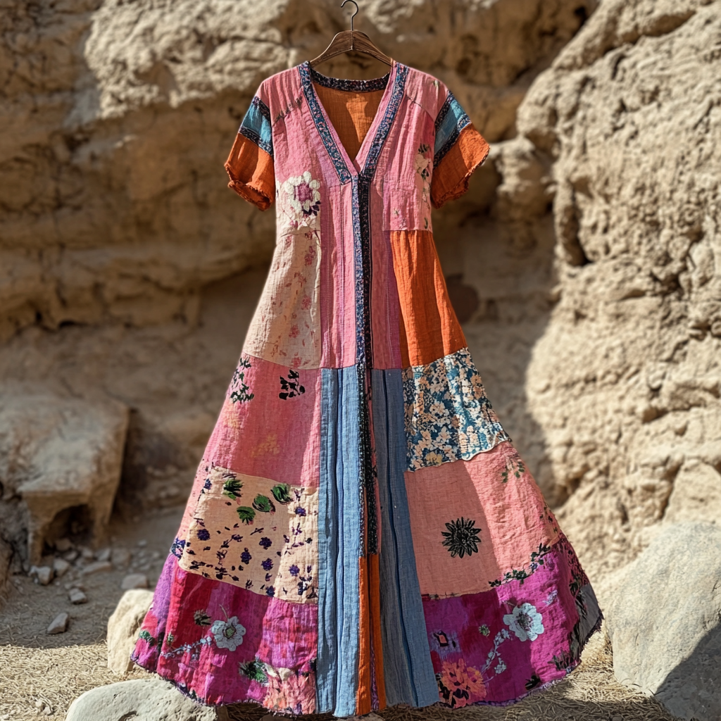 Women's Retro Floral Stitching Art Cotton And Linen Short Sleeve Dress