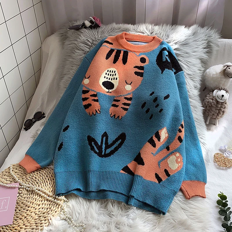 Brownm Women Kawaii Sweater Oversized Knitted Thicken Pullovers Cartoon Outwear Mujer Loose Casual Ladies Tops