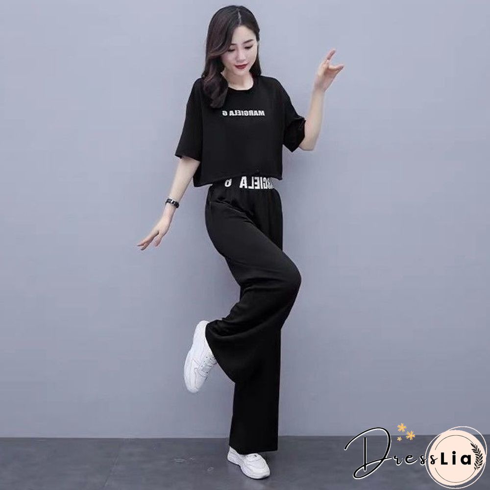 Leisure Sweat Suits Women Matching Summer New Fat Sister Loose Foreign Style Top Wide Leg Pants Two Piece Set Plus Size Clothing