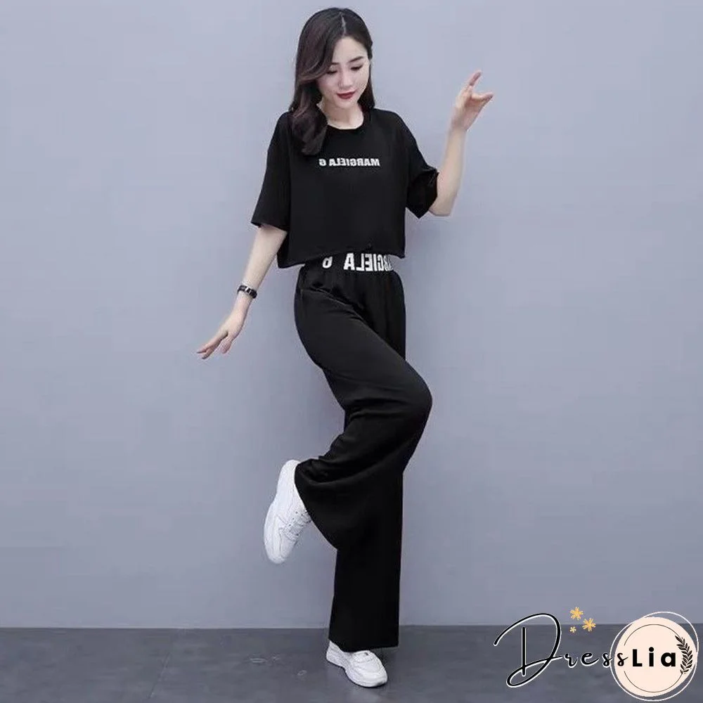 Leisure Sweat Suits Women Matching Summer New Fat Sister Loose Foreign Style Top Wide Leg Pants Two Piece Set Plus Size Clothing