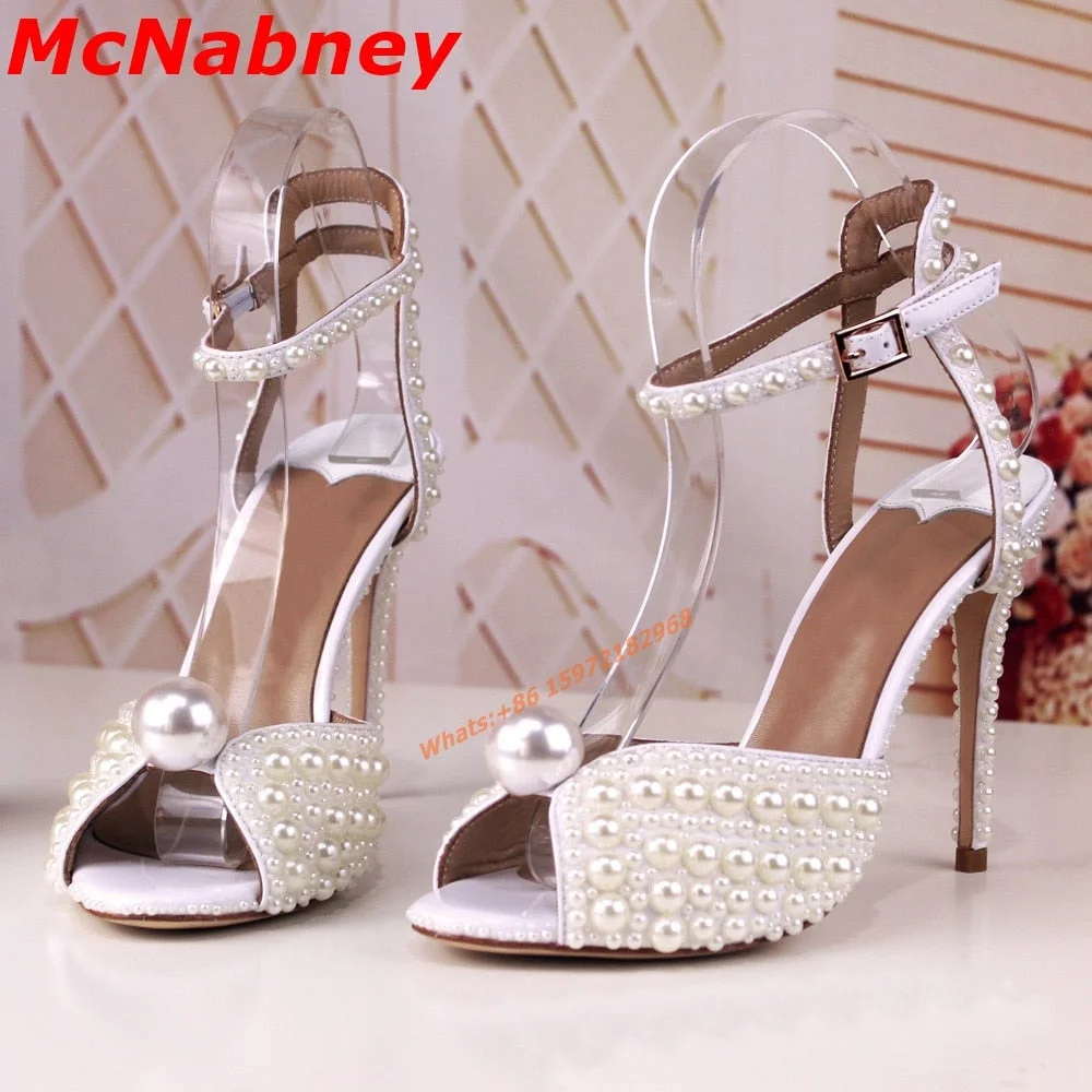 2022 New Style Pearl Sandals Peep Toe Handmade Solid Milk White Women Shoes Ankle Buckles Straps Thin High Heel Wedding Sandals