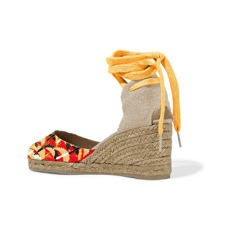 Mustard Floral Wedge Ankle Wrap Sandals Vdcoo