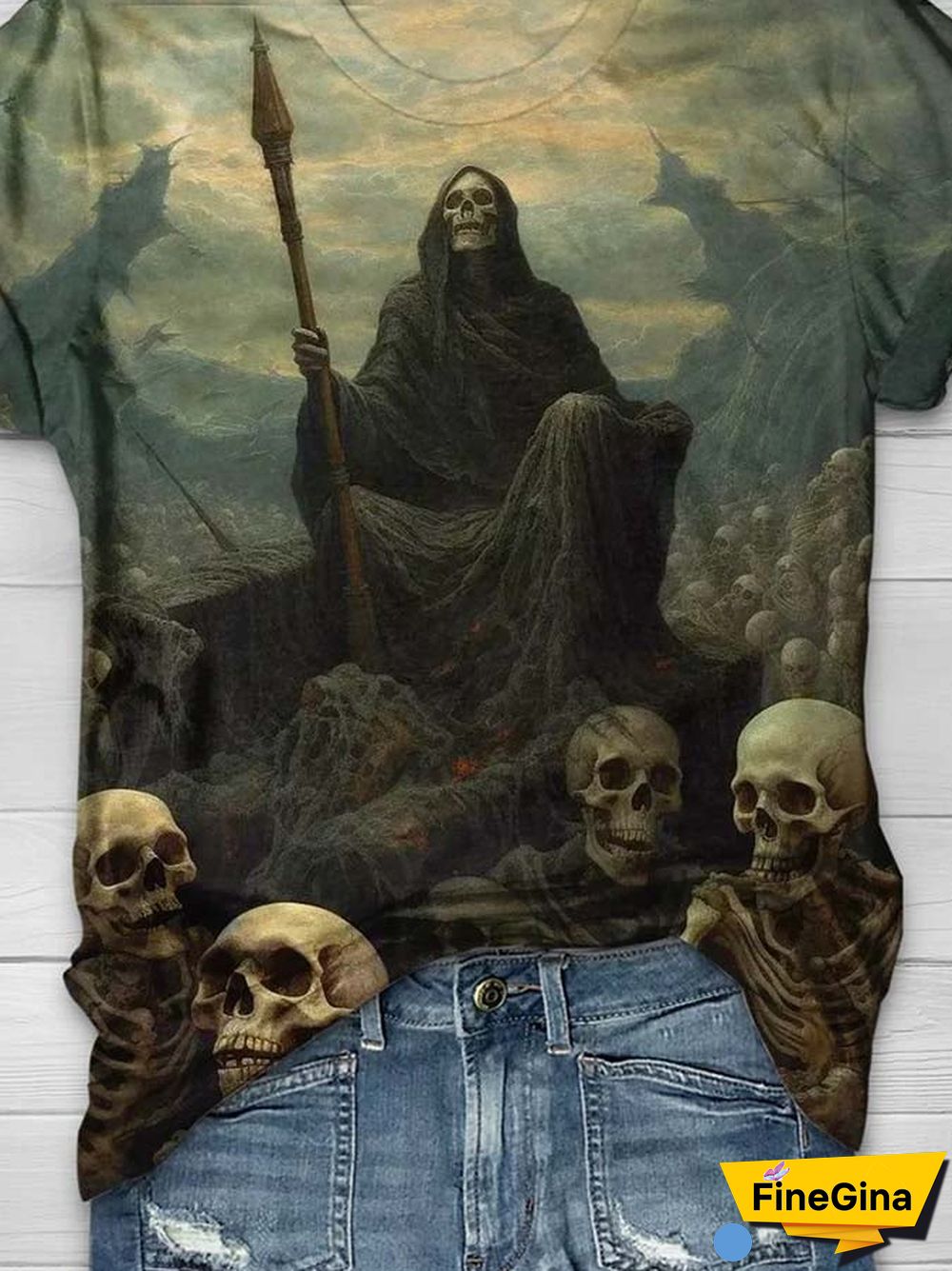 Women's Casual Grim Reaper Skull Print Short Sleeve T-Shirt