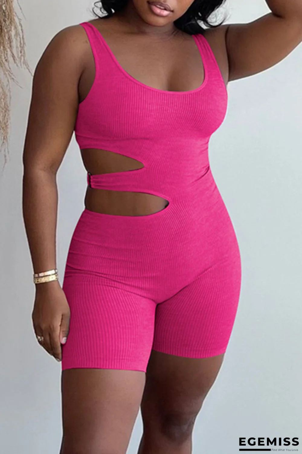 Rose Red Sexy Casual Solid Hollowed Out Backless U Neck Skinny Romper | EGEMISS