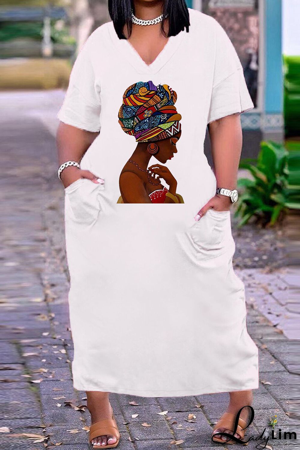 Black White Fashion Casual Plus Size Print Basic V Neck Short Sleeve Dress