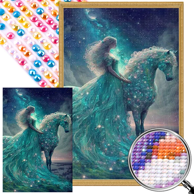 Partial AB Drill - Full Round Diamond Painting - Horse And Princess Under The Starry Sky 40*60CM