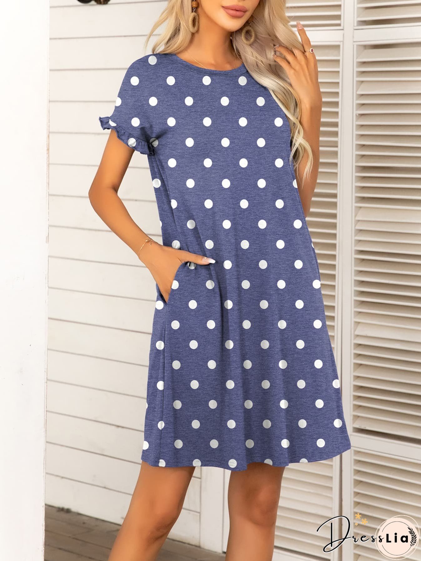 Round Neck Flounce Sleeve Dress with Pockets