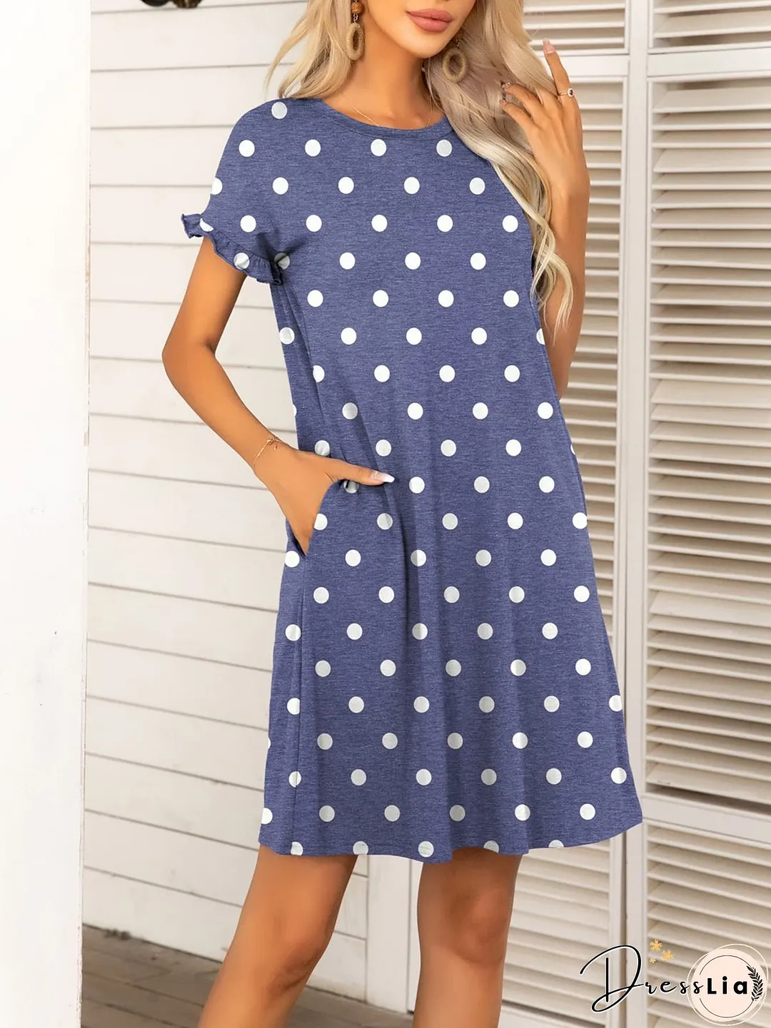 Round Neck Flounce Sleeve Dress with Pockets