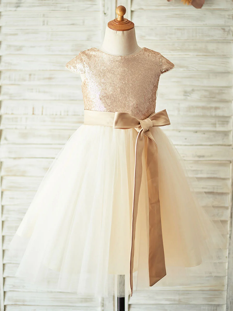 Luluslly Champagne Cap Sleeves Flower Girl Dress Sequins Tulle