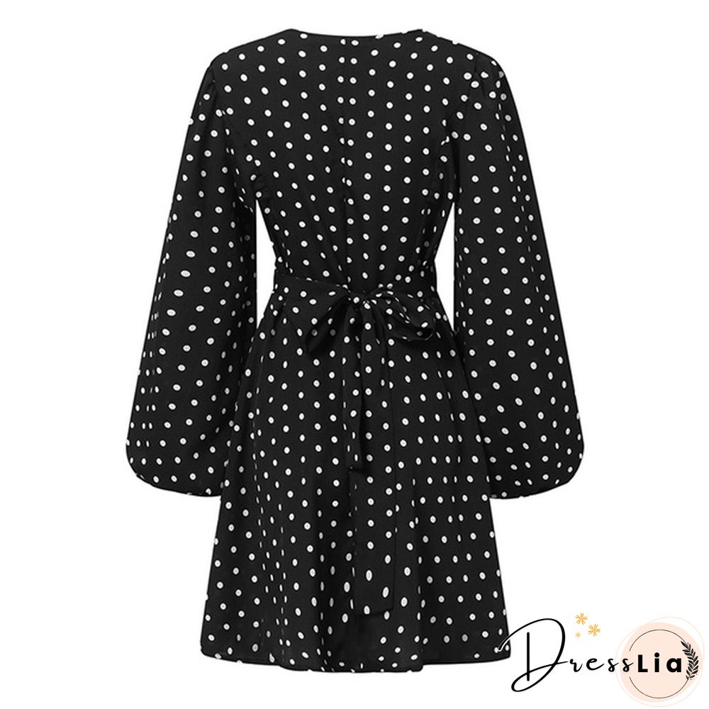 Autumn Spring Dresses Women Stain Silk Polka Dot Puff Long Sleeve V Neck Party Mini A Line Dress Plus Size