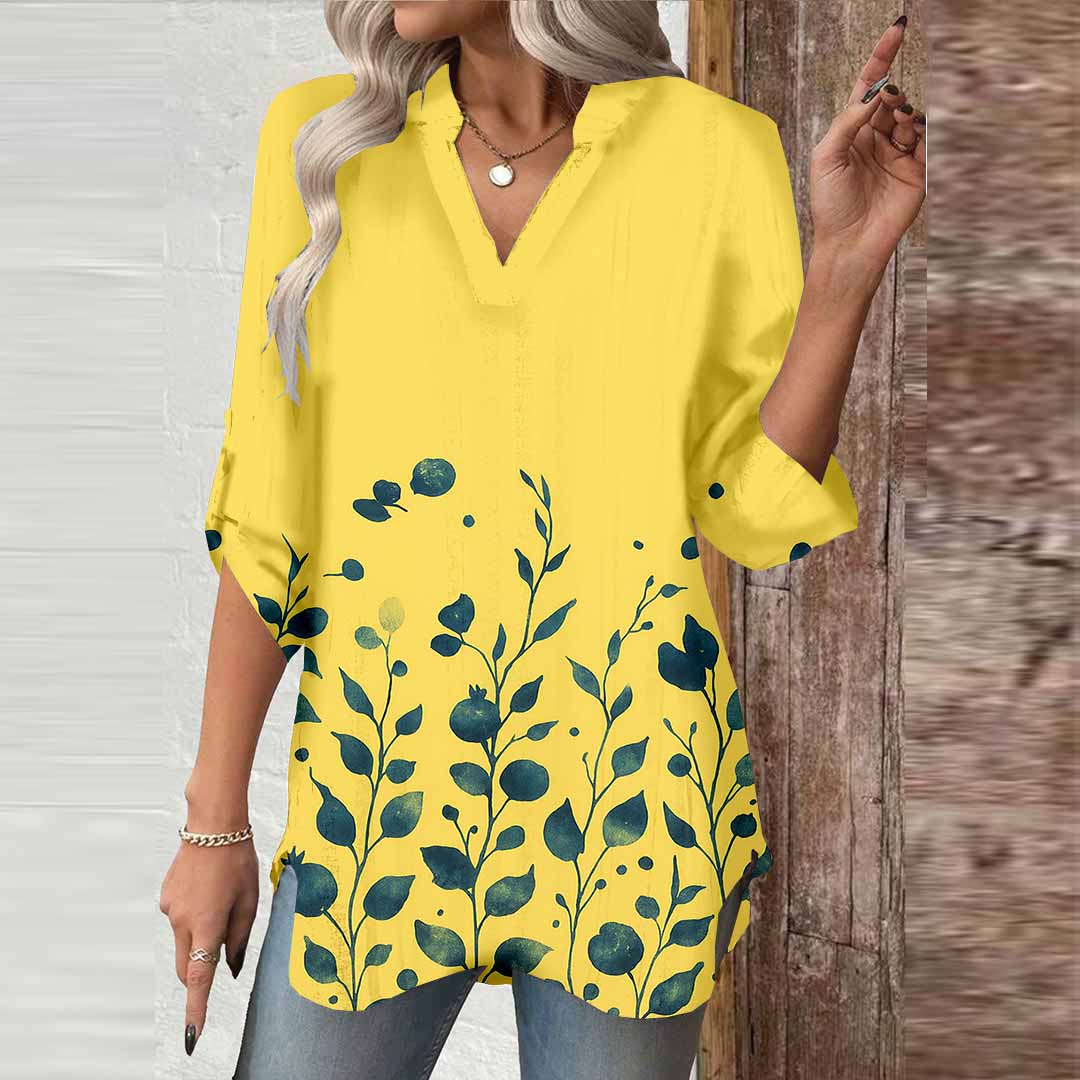 Women Floral,Yellow DZGA0010 3/4 Sleeve V-neck Printed Graphic Button Tops