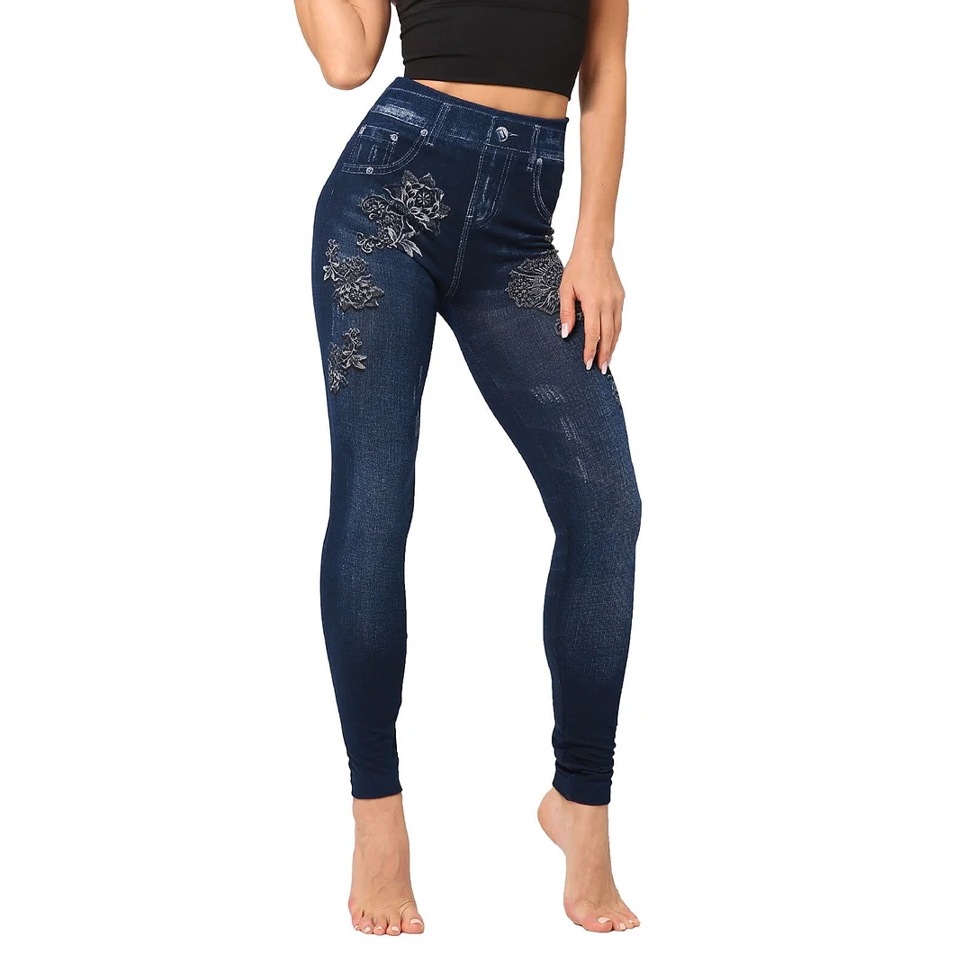 Women casual baggy jeans high waist camouflage flower printed slim fit simulation stitching jeans leggings denim clothing Blue