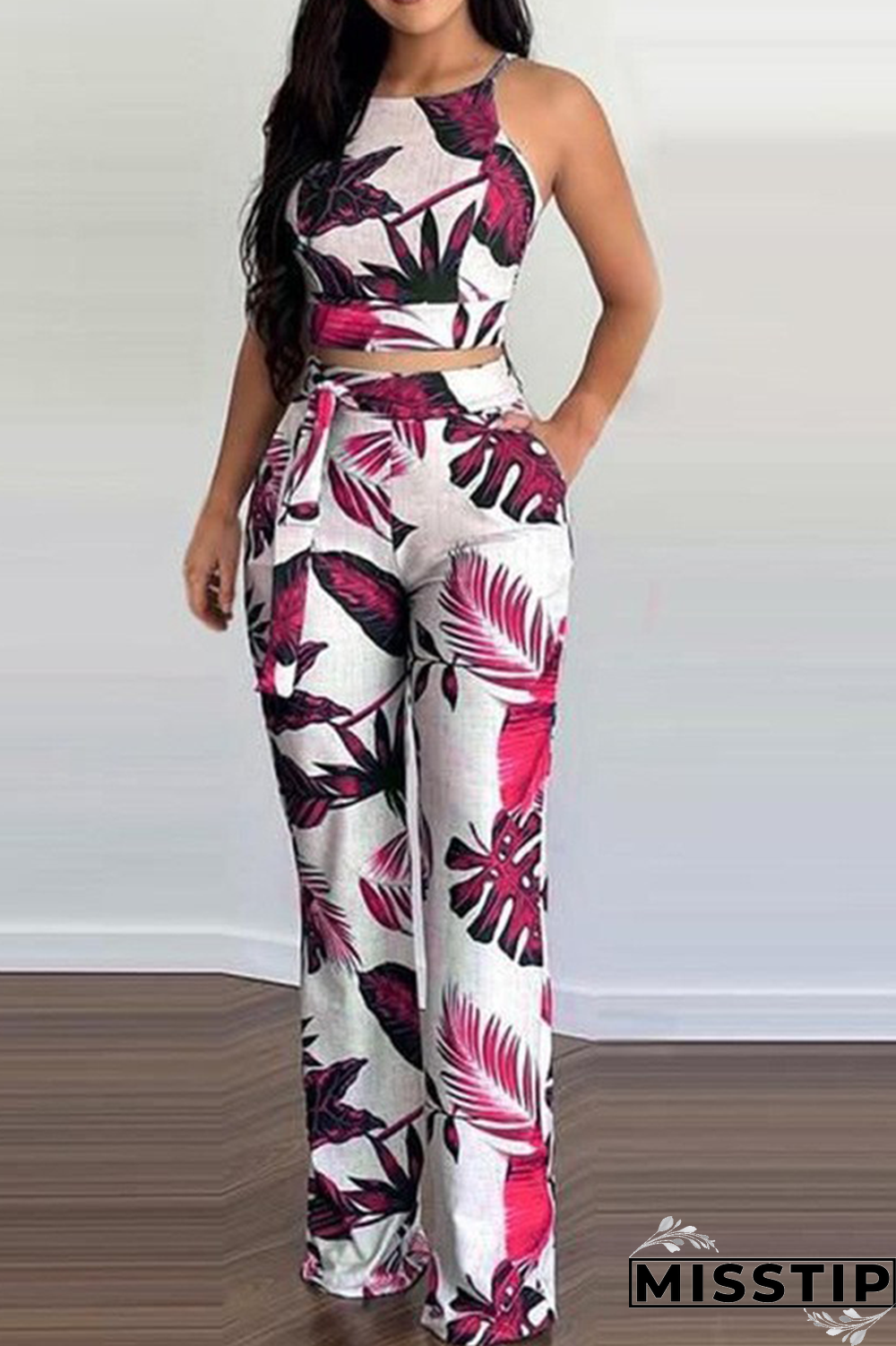 Red Street Print Bandage Halter Sleeveless Two Pieces