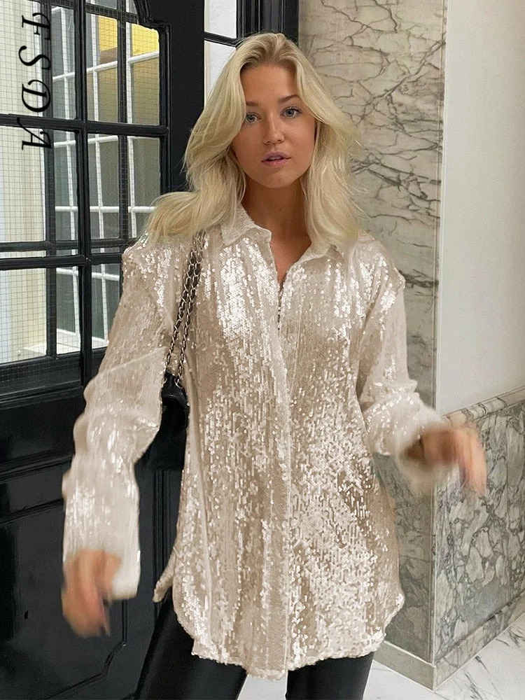 V Neck 2022 Fashion Sequins Blouse Shirts Women Long Sleeve Sexy Party Autumn Winter Club Y2K Vintage Top Elegant Clothes