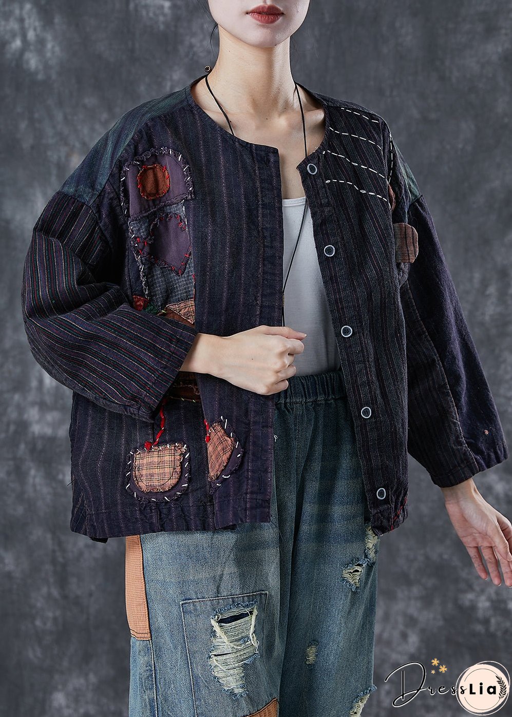 Vintage Black Oversized Patchwork Applique Cotton Coat Outwear Spring