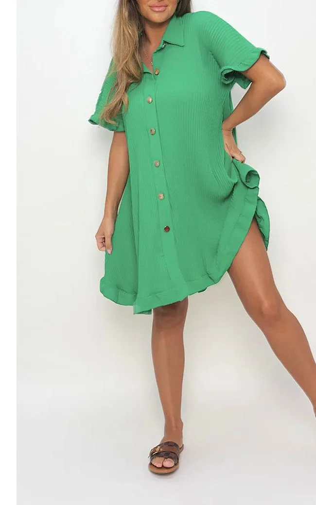 Button Down Oversized Ruffle Short Sleeve Mini Dress-Buy 2 Free Shipping