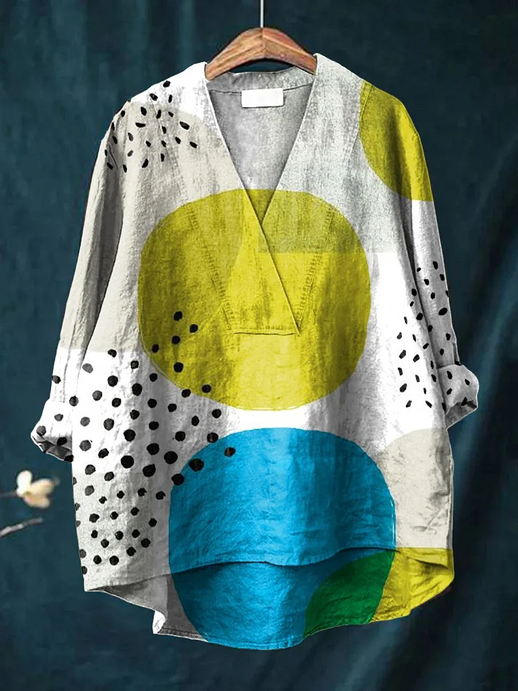 Women's Hand painted With Simple Geometric Patterns Print Casual Cotton And Linen V-neck Shirt