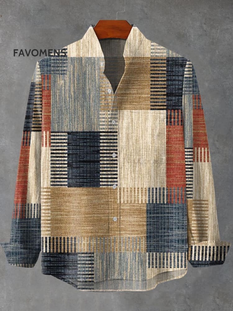 Vintage Colorblock Ethnic Patchwork Fabric Art Print 100% Cotton Long Sleeve Shirt Multicolor / S