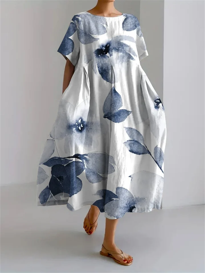 Women's new Dress Printed Dress Loose Round Neck Cotton A-line Skirt