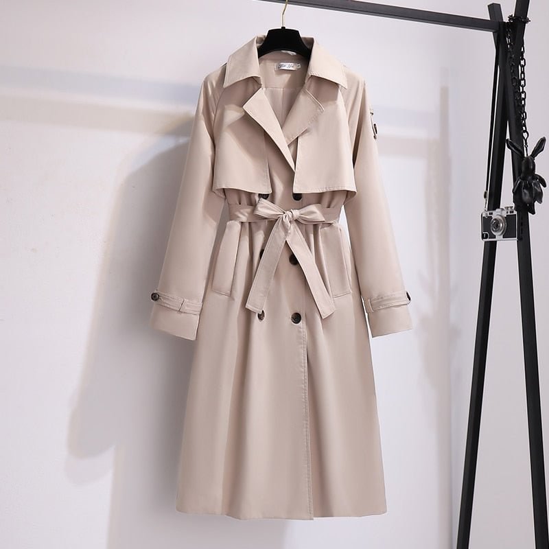 Ailegogo Casual Female Turndown Collar Loose Long Trench Coat Autumn Women Double Breasted Windbreaker with Belt Ladies Ouwear