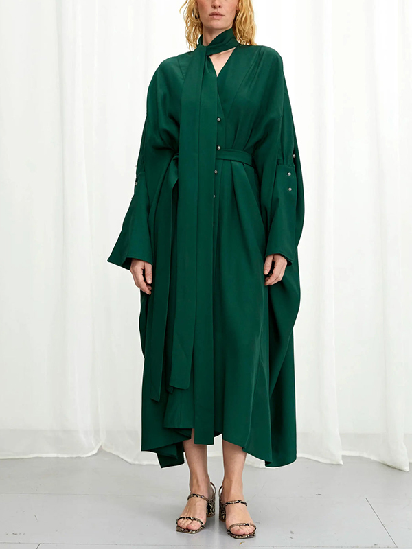 Loose Long Sleeve Button Belted Scarf Midi Dress
