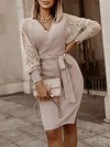 Stylish Hollow Split-Joint Lace Belted V-Neck Knitting Mini Dress