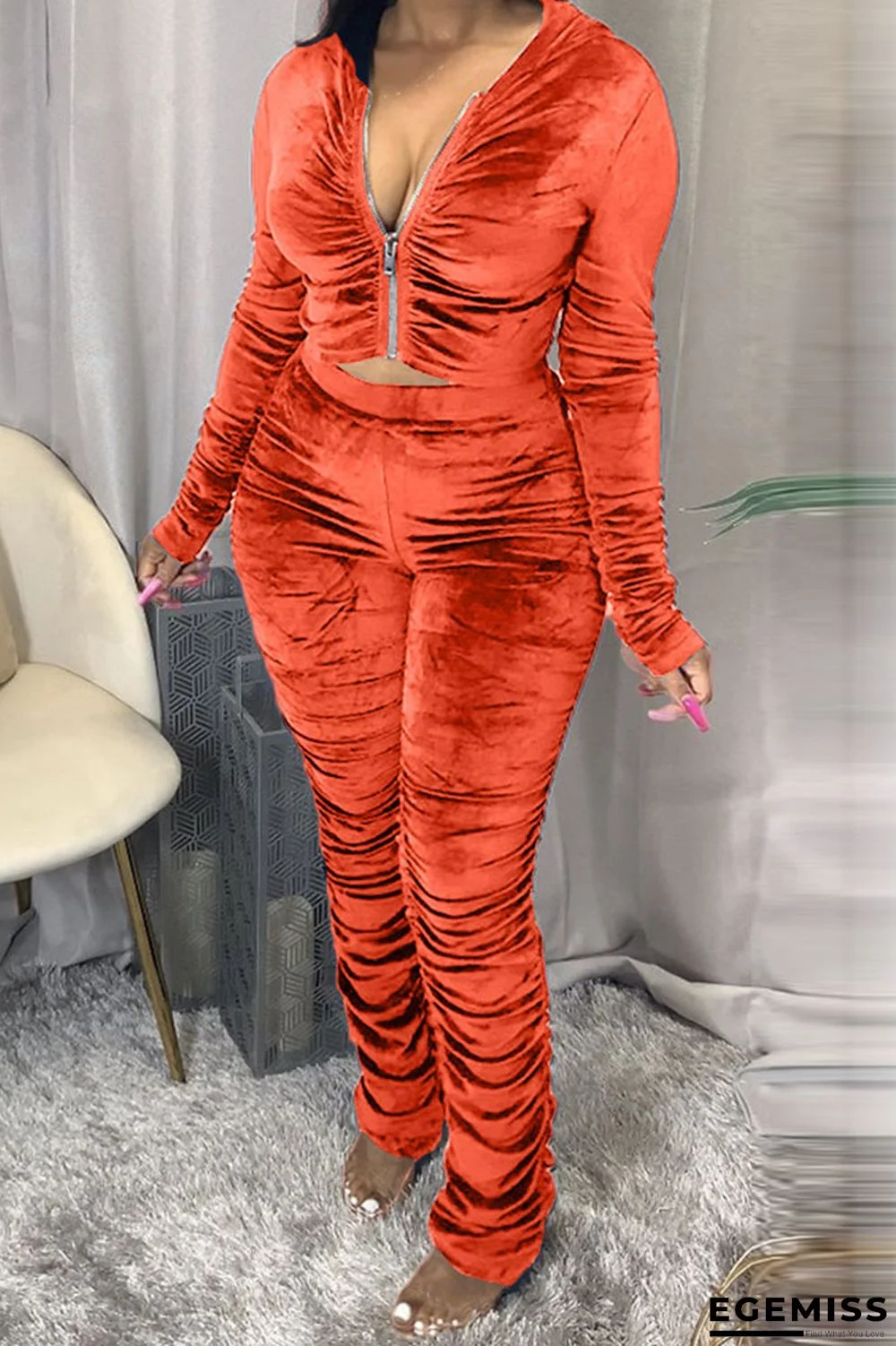 Orange Fashion Sexy Adult Pleuche Solid Fold Hooded Collar Long Sleeve Regular Sleeve Regular Two Pieces | EGEMISS