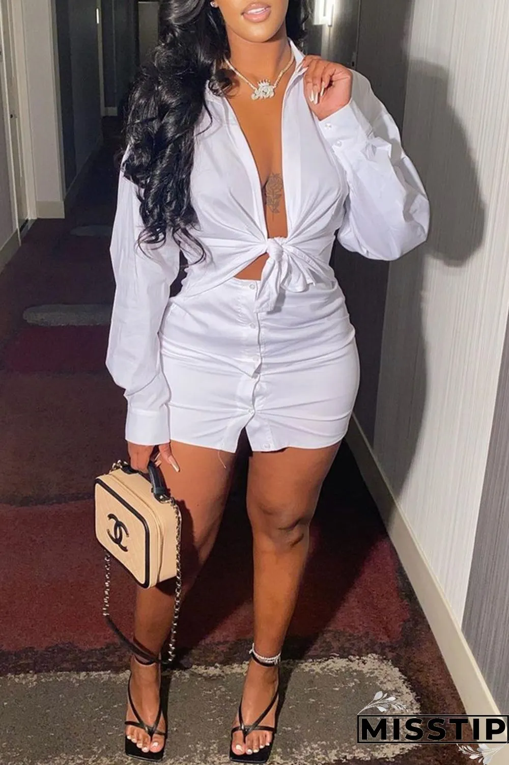 Coffee Fashion Sexy Solid Basic Turndown Collar Long Sleeve Two Pieces