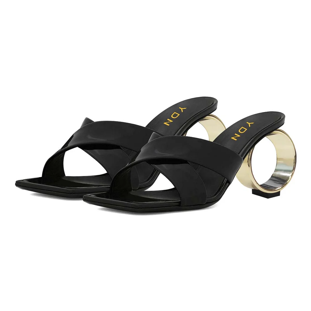 Black Crossed Strap Open Square Toe Sculptural Heel Mules Sandals