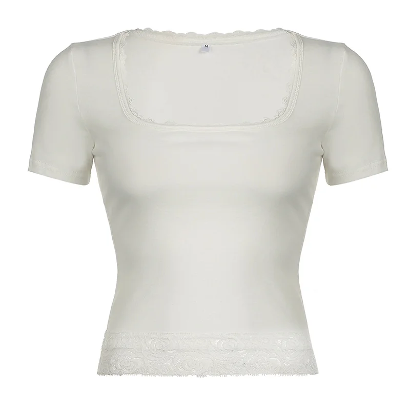 Wongn Wind Lace Splicing Small Design U-Shaped Collar Slim Plain Color Short-Sleeved T-Shirt 2024 New Style