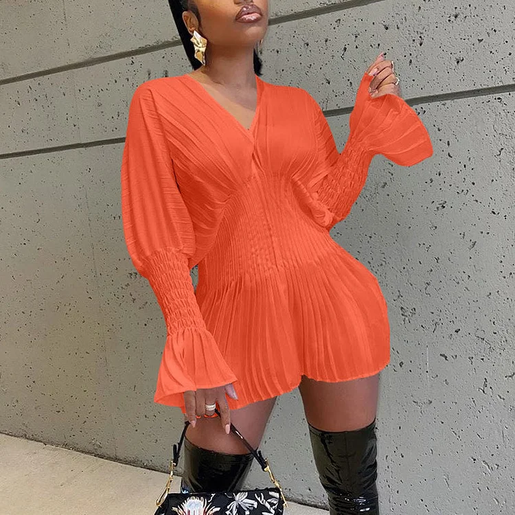 Solid V-Neck Long Sleeve Pleated Dress - IRBOOM Fashion Clothing