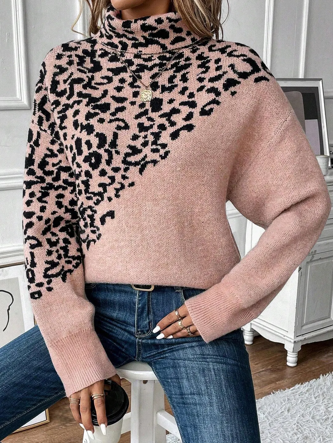 Nigikala Nigikala And Winter New Jacket Sweater High-Necked Leopard Long-Sleeved Loose Fashion Casual Knitwear