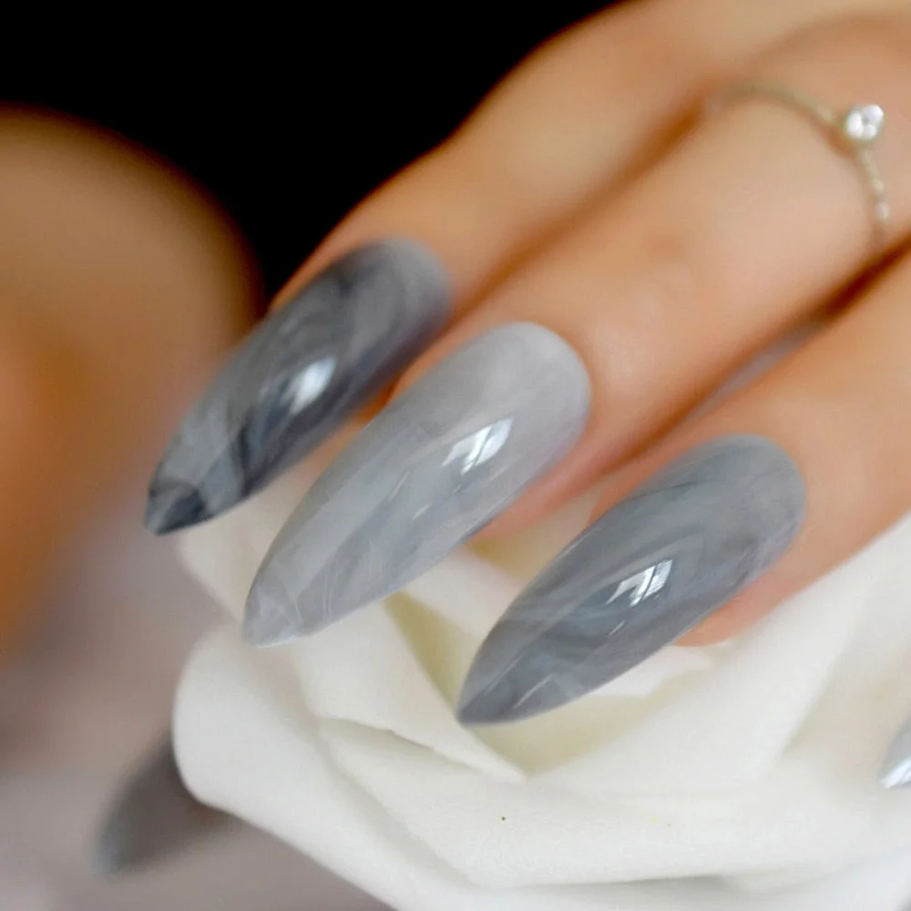 Extra long Stiletto Grey Marble Fake Nails Stone Pattern Pointed Dark Shiny Long Press On False Nails for Finger 24 Count-Nail Inspo