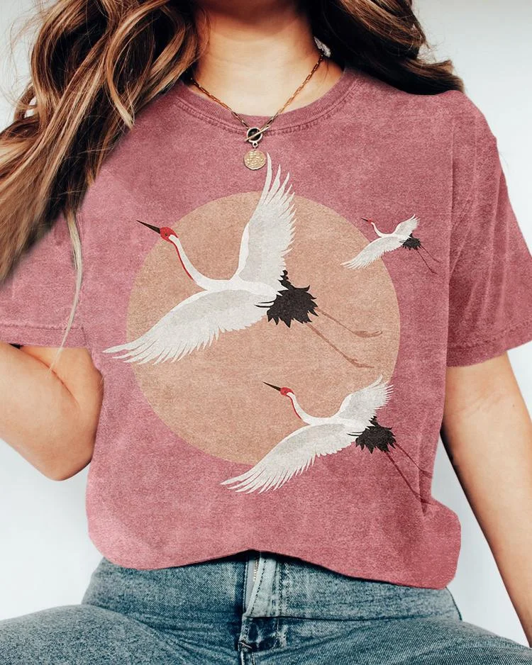 Flying Cranes Japanese Art Graphic Short Sleeve Tshirt