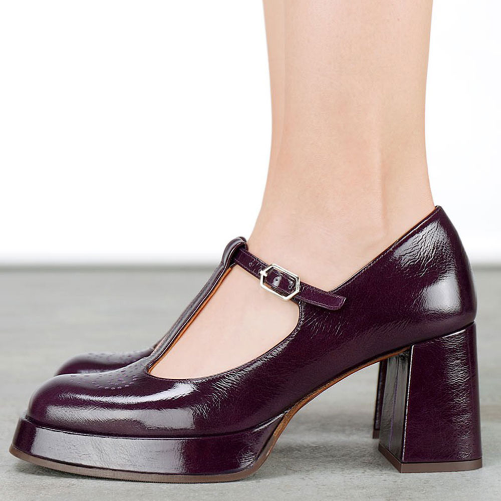 Grape Square Toe T-Strap Block Heel Platform Pumps with Buckle Nicepairs