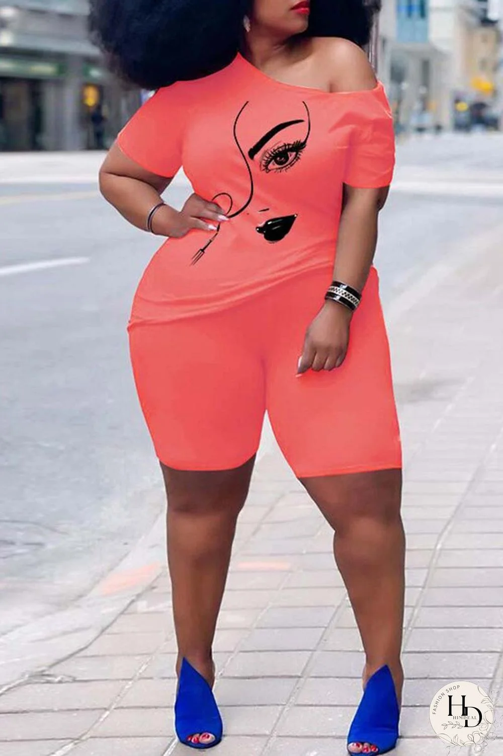 Rose Red Casual Print Basic Oblique Collar Short Sleeve Two Pieces