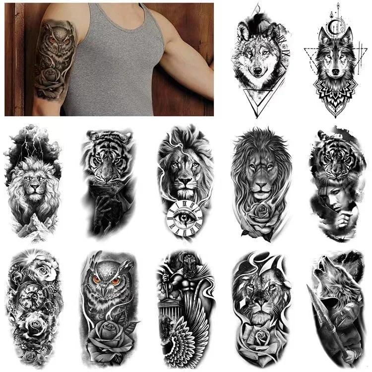 12sheets Lion Tiger Waterproof Tattoo Stickers Men Women Half Arm Calf Water Transfer Fake Tattoo Animal Pattem Temporary Tattoo