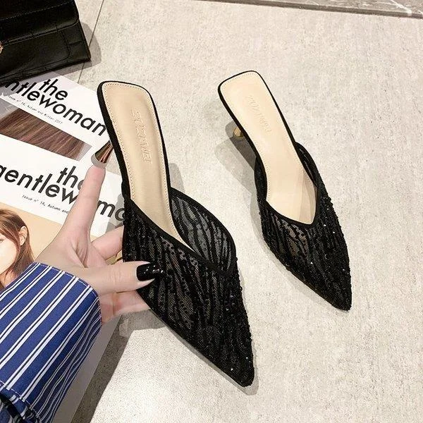 Qjong Slides Med Shoes Woman 2022 Slippers Casual Thin Heels Shallow Heeled Mules Pantofle Jelly Luxury High New PU Cotton Fab