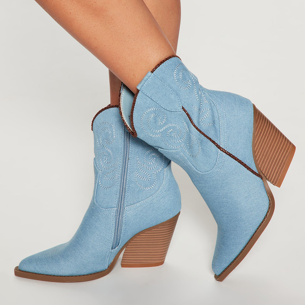 Light Blue Pointed Toe Stitching Heeled Short Cowboy Boots for Women Nicepairs