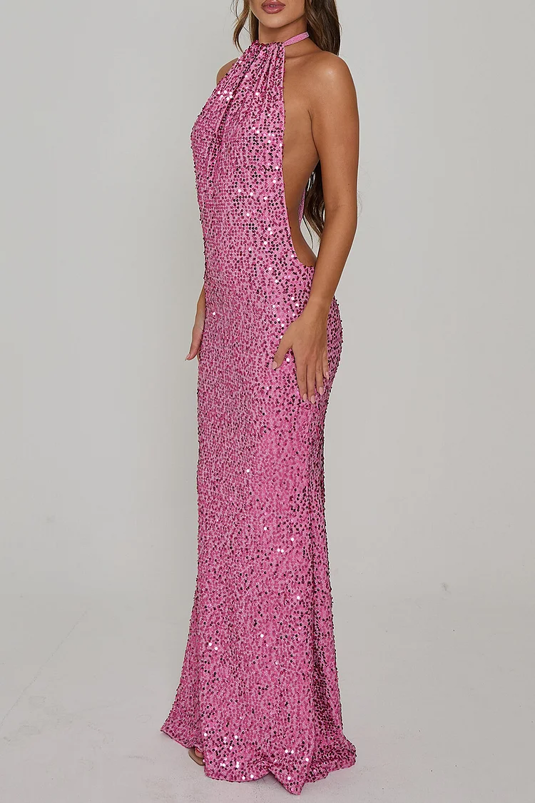 Sparkling Sequin Halterneck Fishtail Gowns Maxi Dresses-Pink [Pre Order]