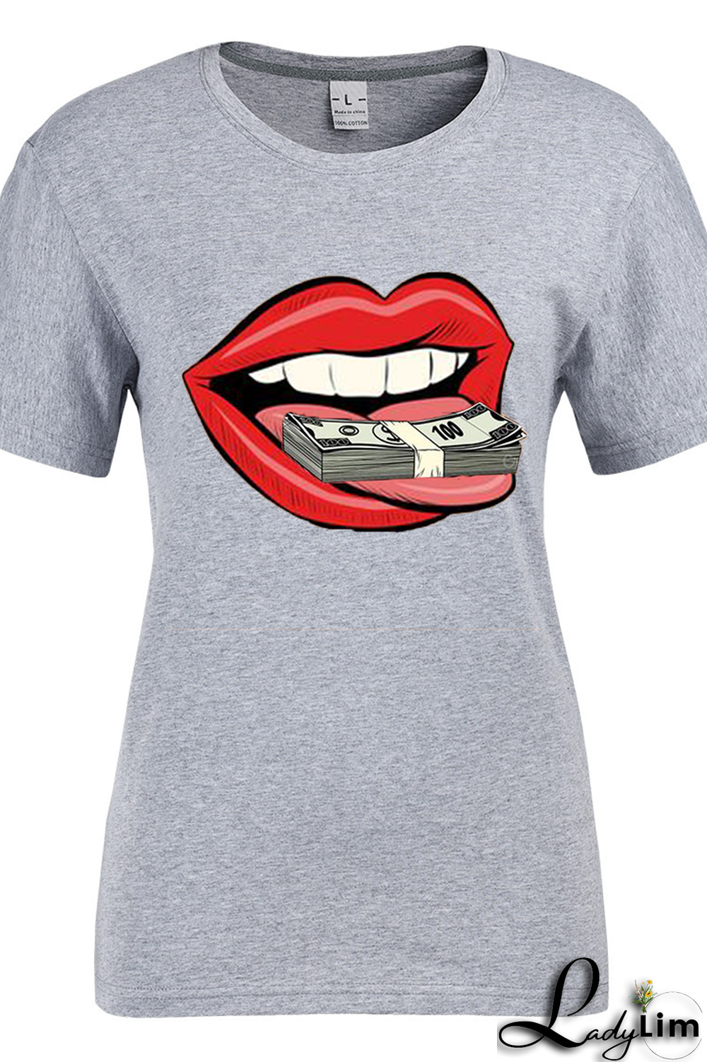 Grey Fashion Street Lips Printed Split Joint O Neck T-Shirts