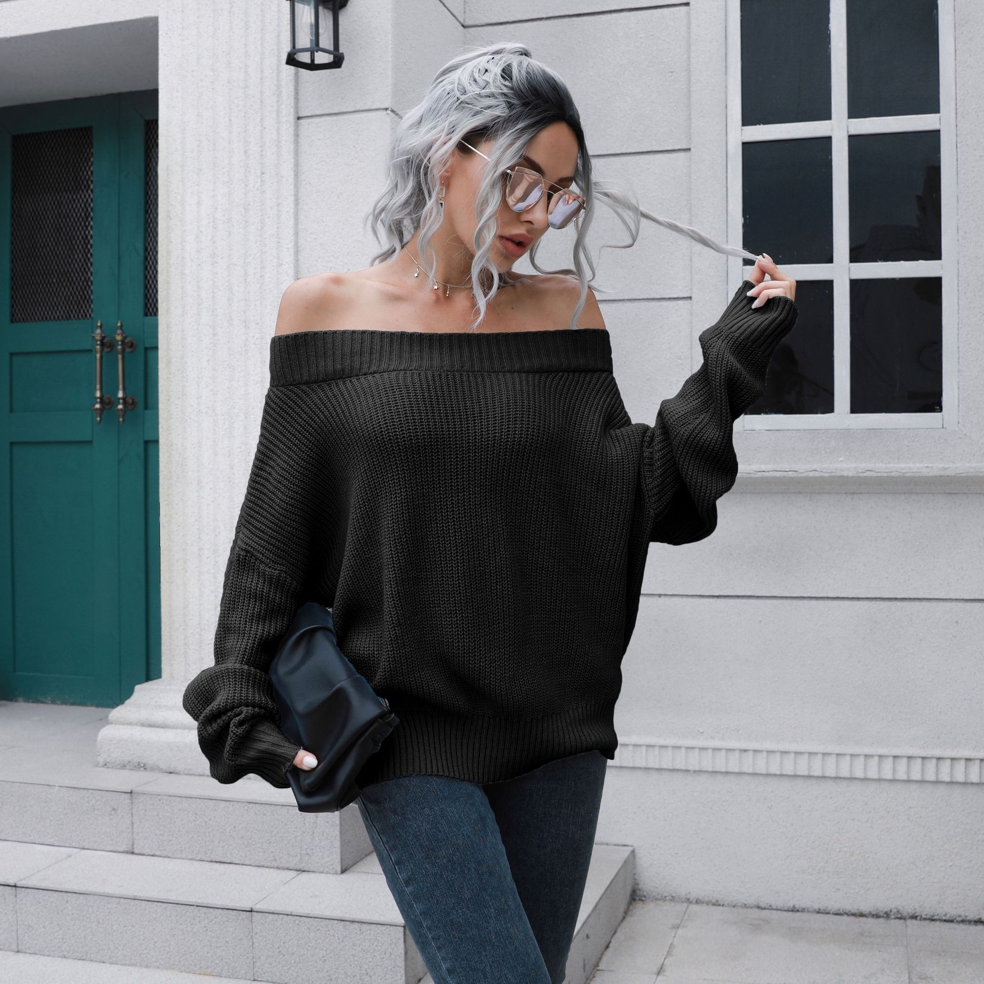 One-character Collar Shoulder Loose Long Sleeve Knitted Sweater
