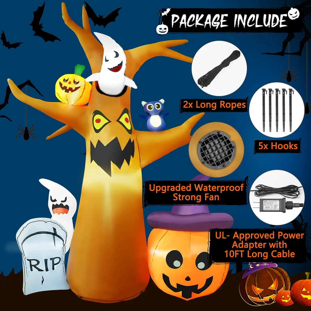 8-foot Halloween inflatable dead tree with ghosts, RIP, pumpkins, owls, with built-in LED lights