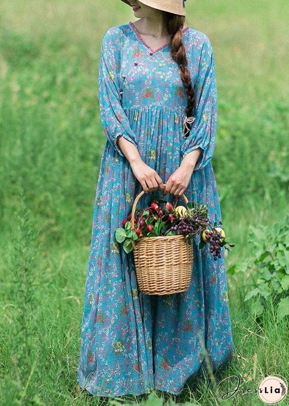 Women V Neck Cinched Spring Clothes Runway Blue Print Robes Dress