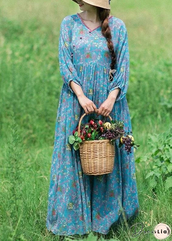 Women V Neck Cinched Spring Clothes Runway Blue Print Robes Dress