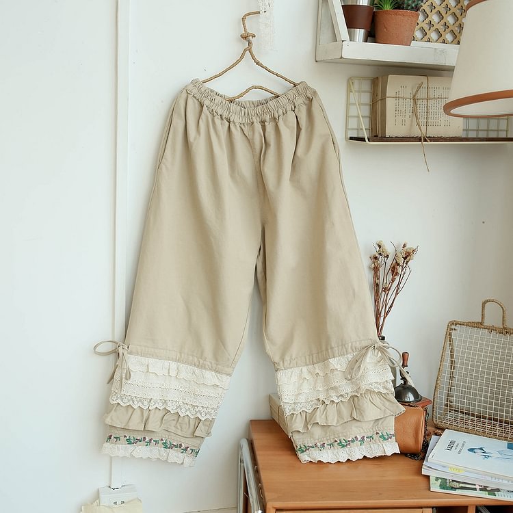Queenfunky cottagecore style Cute Embroidered Lace Hem Bloomers QueenFunky