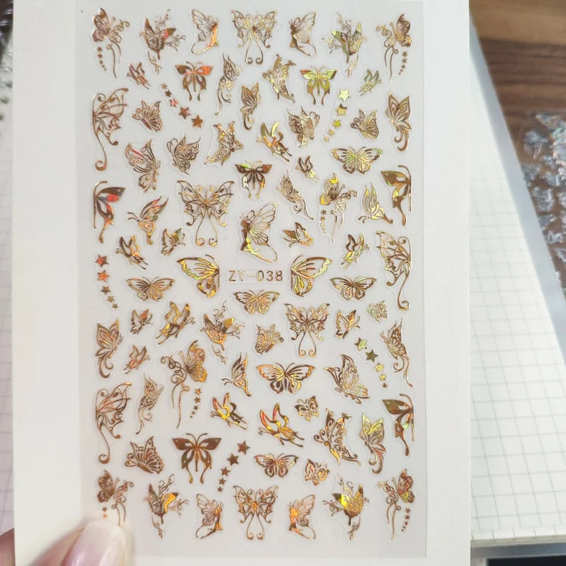 1PC Holographics 3D Butterfly Nail Art Stickers Adhesive Sliders Colorful DIY Golden Nail Transfer Decals Foils Wraps Decoration-Nail Inspo