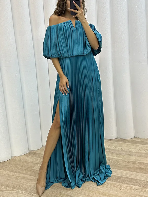 Pleated Solid Color Loose Short Sleeves Off-The-Shoulder Maxi Dresses