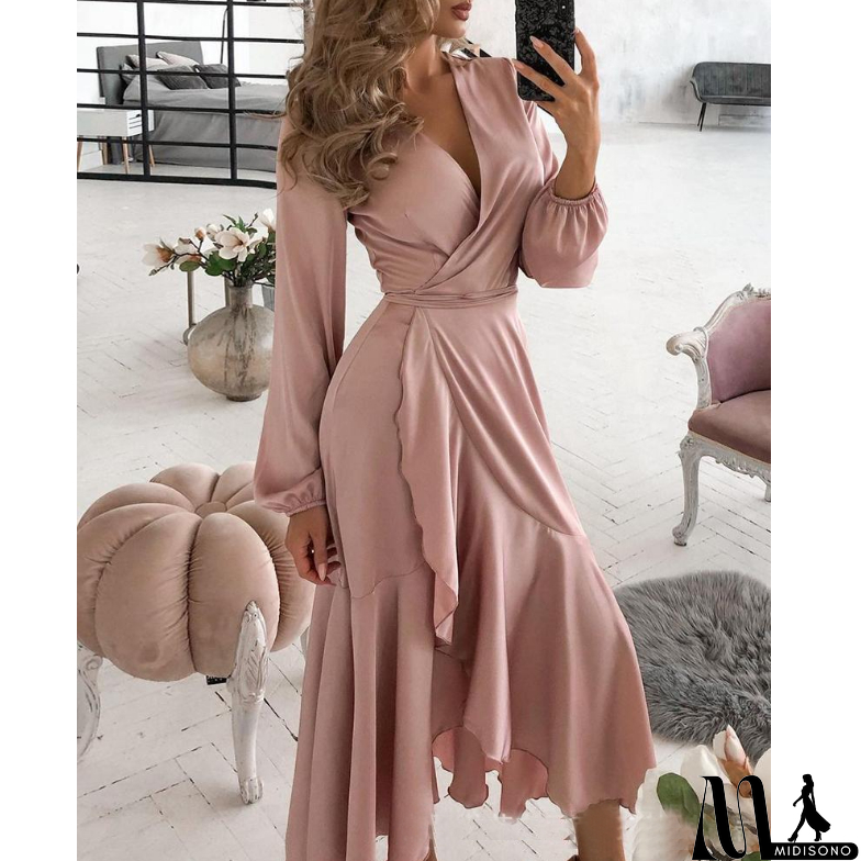 MidiSono - Women's Pink Long Sleeve Flounced Dress